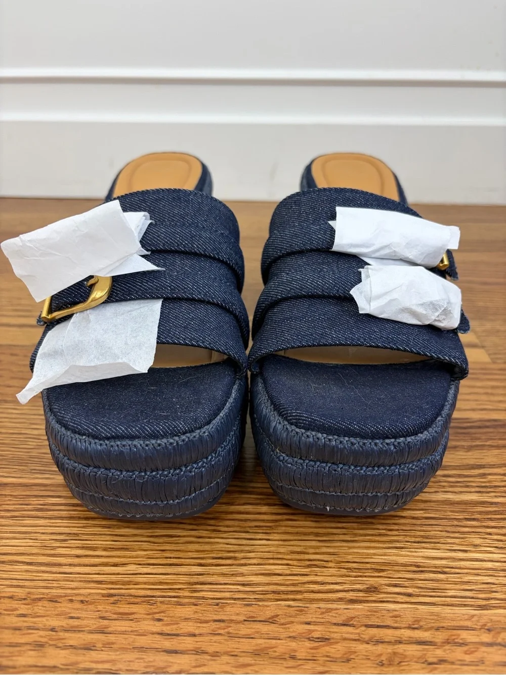NEW SARTO Torino Wedge Platform Slide Sandal in Dark Denim (10)
